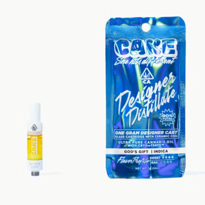God's Gift Cake cart, 1G designer distillate 510 cartridge with grape and dark berry over earth